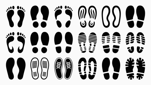 A collection of various black footprints and shoe impressions are displayed against a plain white background showcasing different sole patterns high quality professional detailed modern elegant