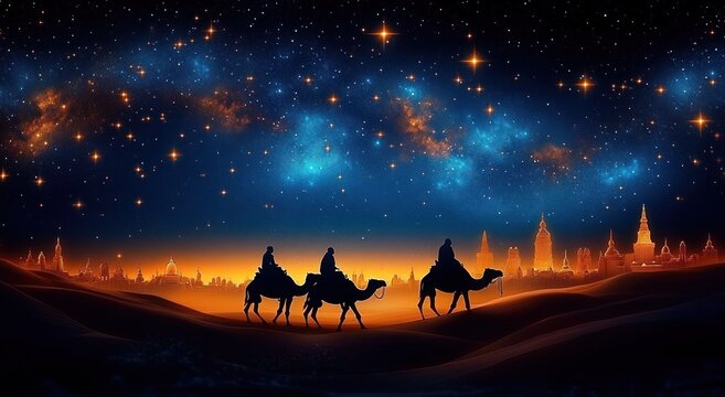 silhouetted three camel riders crossing desert dunes toward a glowing domed city under a star-filled galaxy, evoking a serene and mystical night journey