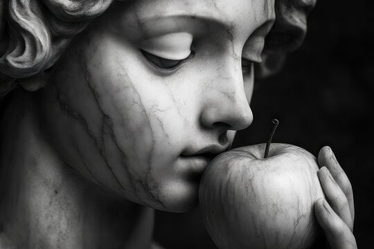 Monochrome marble statue with a left profile and a hand holding an apple, dramatic, contemplative mood