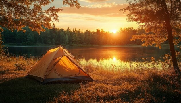Orange tent pitched on grassy lakeshore at sunset with golden light reflecting on calm water, surrounded by trees, evoking peaceful solitude