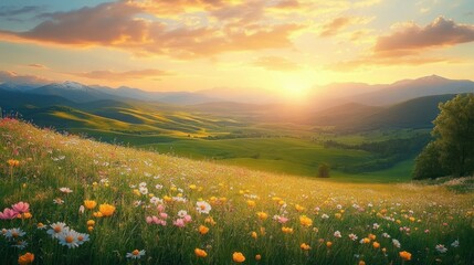 Fototapeta premium wildflower meadow on rolling green hills at golden sunrise with distant mountains and dramatic clouds, peaceful and hopeful