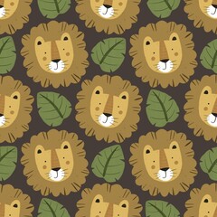Seamless pattern with cartoon lion, decor elements. colorful illustration for kids. hand drawing, flat style. baby design for fabric, print, textile, wrapper © Ann1988