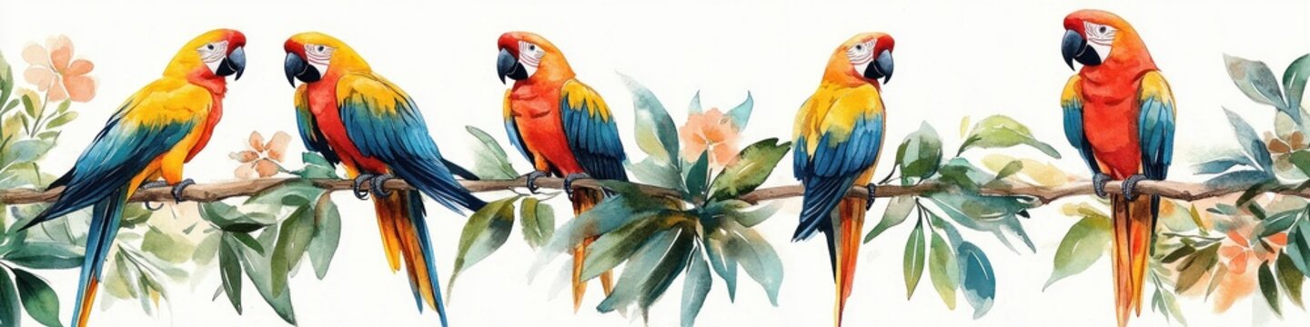 Five vibrant scarlet and blue macaws perched along a leafy branch with soft peach flowers, a cheerful serene watercolor composition