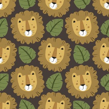 Seamless pattern with cartoon lion, decor elements. colorful illustration for kids. hand drawing, flat style. baby design for fabric, print, textile, wrapper