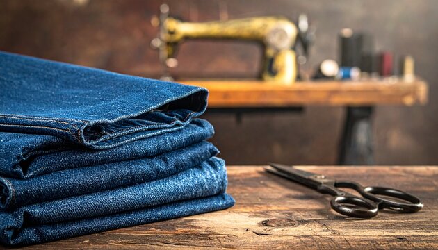 Denim Stack of Neatly Folded Indigo Jeans for Lifestyle Photography
