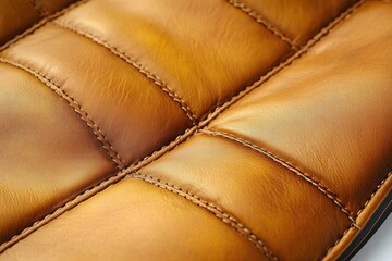 Fototapeta premium close-up of quilted tan leather cushion with visible stitching, padded squares and warm inviting sheen