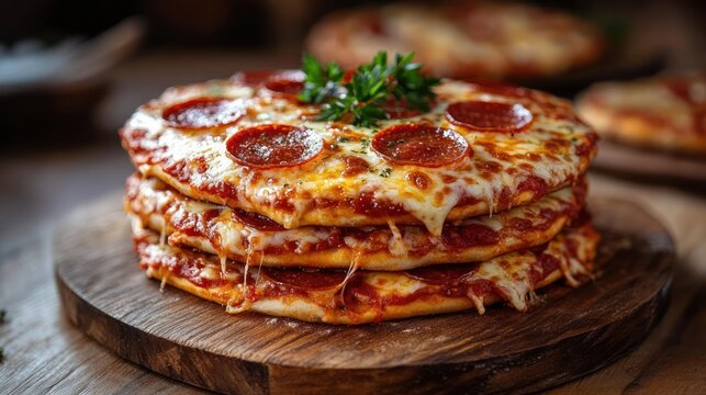 Stack of pepperoni cheese pizzas on a round wooden board with parsley garnish and strings of melted cheese in a warm rustic setting