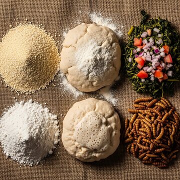 Diverse food composition featuring millet, flour, dough balls, a fresh tomato salad, and fried edible mopane worms on burlap fabric.