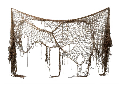 Worn and tattered brown fishing net isolated on transparent background