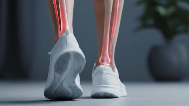 Close up back view of a person walking in white sneakers. The leg bones are highlighted with a glowing red effect, emphasizing anatomy and motion.