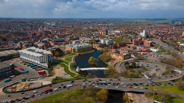 Elevated aerial shot of Derby city bridge and bypass