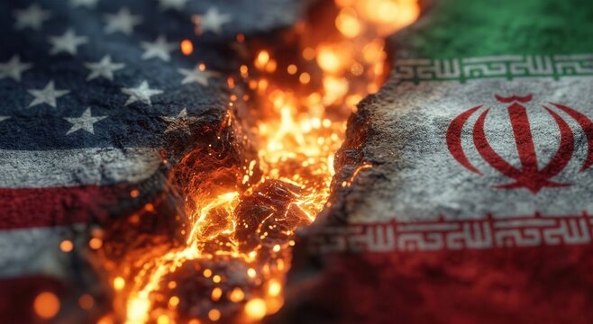 Flags of USA and Iran painted on background. United States of America versus Iran trade war disputes concept	
