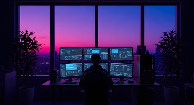 Modern Cyberpunk Programmers Coding Station with Multiple Monitors and Night Skyline