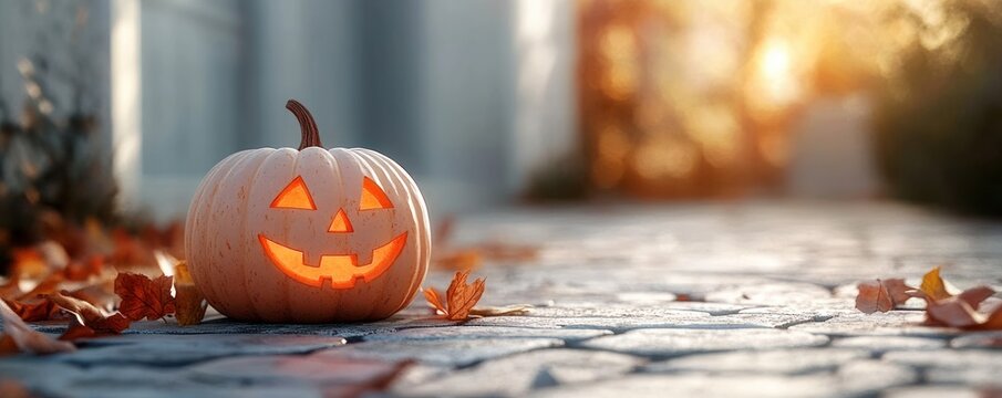 glowing carved pumpkin on a cobblestone path with scattered autumn leaves at warm sunset, cozy and slightly spooky festive mood