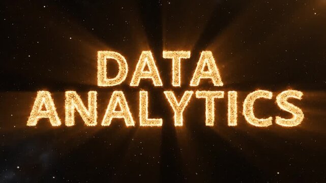 Data analytics text in glowing golden fire, cinematic burning typography for business intelligence, fiery digital information concept on black background