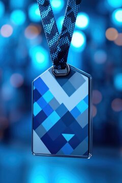 hanging blue geometric id badge with pixel pattern on woven lanyard against soft blue bokeh background, modern calm mood