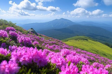 Obraz premium Sunlit alpine meadow of vibrant pink rhododendron blooms on a green mountain slope overlooking layered blue peaks and fluffy clouds, evoking serene wonder