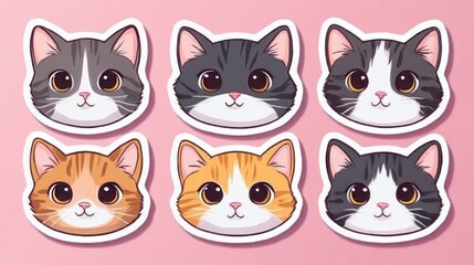 Fototapeta premium six cute cartoon cat face stickers with wide round eyes and smiling expressions on a pink background
