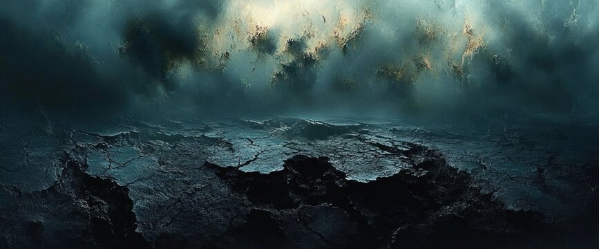 Desolate cracked ground with deep jagged fissures and rugged dark rock beneath a stormy luminous cloudscape, evoking eerie, foreboding isolation