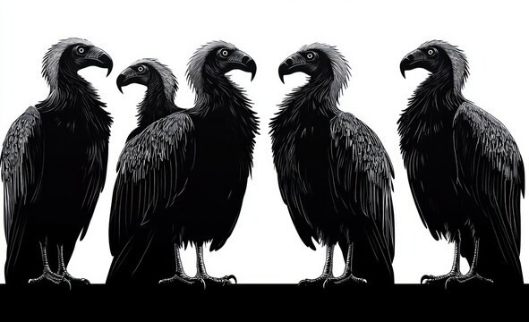 five large black vultures with shaggy neck feathers perched in a row on a ledge, monochrome illustration with a solemn, watchful mood