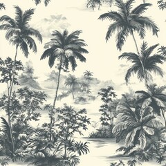 Obraz premium serene monochrome tropical scene with tall palm trees, dense jungle foliage, calm lagoon and distant misty islands evoking a peaceful nostalgic mood