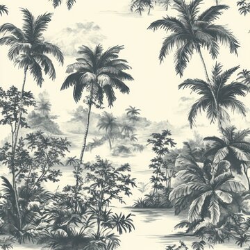 serene monochrome tropical scene with tall palm trees, dense jungle foliage, calm lagoon and distant misty islands evoking a peaceful nostalgic mood
