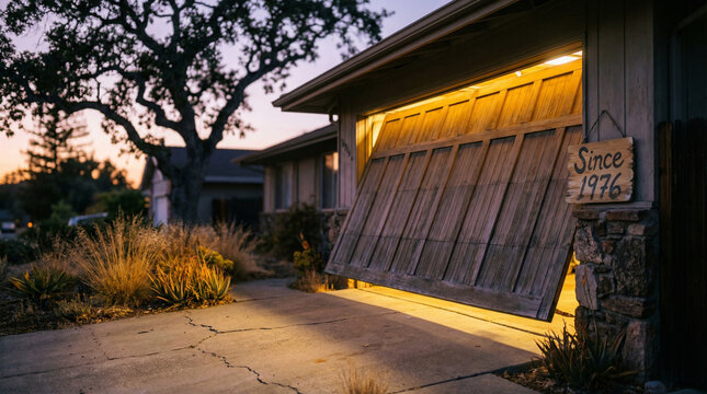 Suburban house exterior with partially open wooden garage door revealing warm light at dusk. Vintage Since 1976 sign hanging on stone pillar. Residential driveway and landscaping at sunset