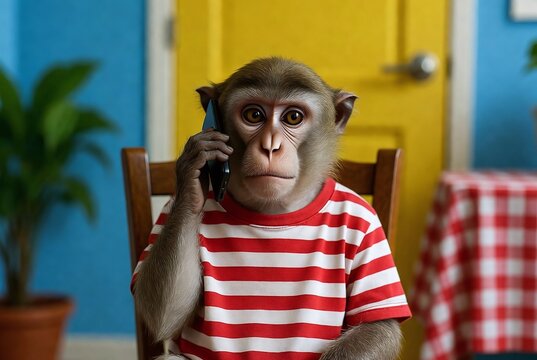 Funny Monkey Texting on Phone in Cheerful Indoor Setting - Cute Animal Communication with Playful Decor and Colorful Lifestyle Elements