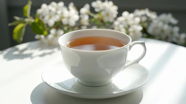 A white ceramic tea cup filled with amber-colored tea rests on a white table. Blooming white flowers and green leaves are in the background, softly lit by sunlight, casting gentle shadows.