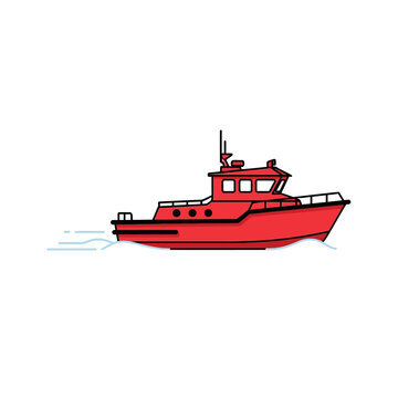 Vibrant red maritime patrol boat illustration cruising swiftly on calm water, leaving a subtle wake behind. Ideal graphic for sea travel, nautical adventures, and water transportation concepts