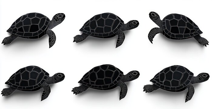 six black turtle silhouettes with patterned shells and subtle shadows on white background conveying calm orderly rhythm