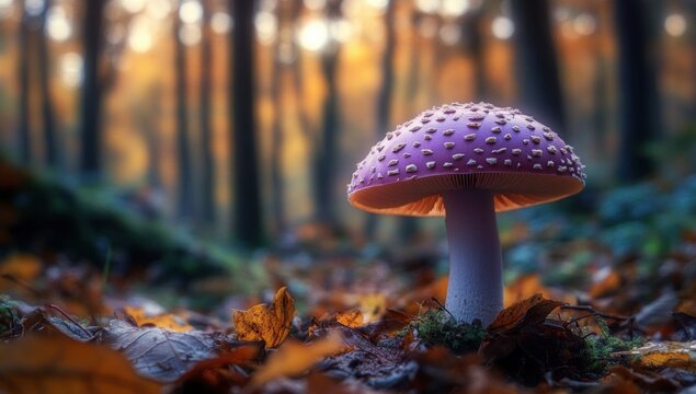 solitary purple spotted mushroom on forest floor among autumn leaves, bathed in soft golden backlight, serene and enchanting mood