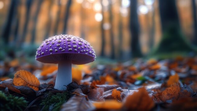 solitary purple toadstool with white warts on a damp leaf-strewn forest floor, golden blurred trees and soft bokeh light evoking a magical, serene autumn mood