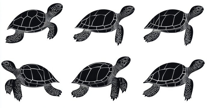 six stylized black sea turtles with patterned shells and flippers on a white background, calm peaceful arrangement