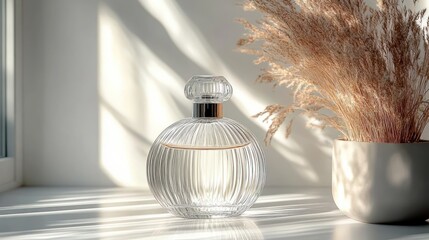 Fototapeta premium clear ribbed glass perfume bottle on sunlit windowsill beside dried pampas grass in ceramic pot, serene minimalist morning light