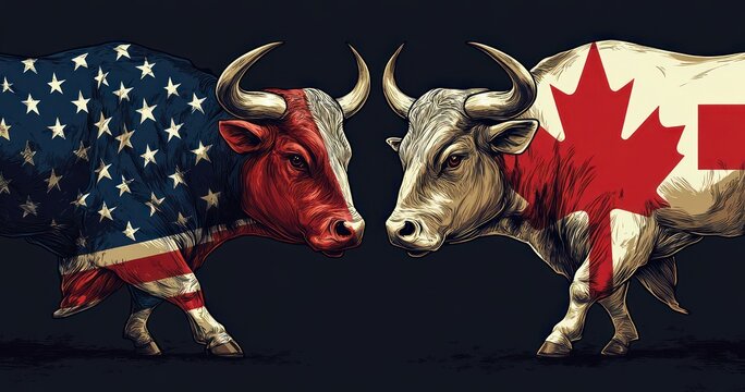 Two bulls painted with American and Canadian flags confront each other in a tense, aggressive standoff