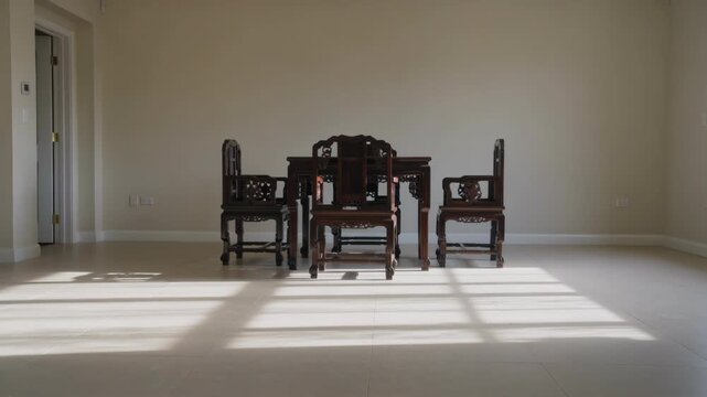 Elegant antique wooden dining set in a sunlit empty room.