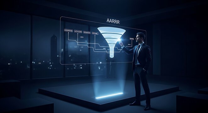 Growth hacking concept. A professional's hands analyze a holographic AARRR funnel (Acquisition, Activation, Retention, Revenue, Referral), identifying growth opportunities.