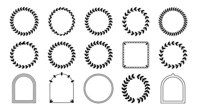 A collection of black and white laurel wreaths frames and decorative elements are displayed in various circular and geometric shapes high quality professional detailed modern elegant