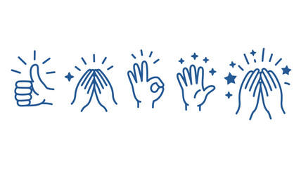 Fototapeta premium A series of blue line drawn hands displaying various gestures including clapping thumbs up and open palms with stars high quality professional detailed modern elegant stylish