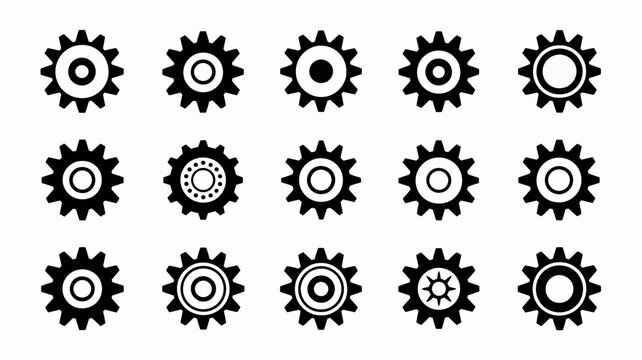 A collection of black gear icons and cogs arranged in a grid pattern on a clean white background showcasing mechanical elements high quality professional detailed modern