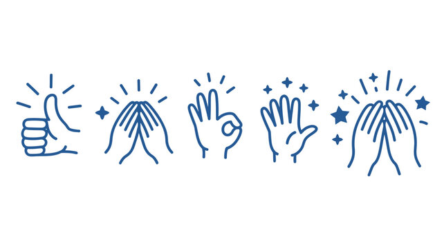 A series of blue line drawn hands displaying various gestures including clapping thumbs up and open palms with stars high quality professional detailed modern elegant stylish