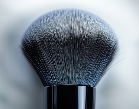 Close-up of a fluffy powder makeup brush with dense blue-gray bristles and glossy black ferrule, evoking soft luxurious elegance