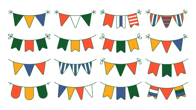 A colorful collection of hand drawn bunting flags in various patterns and colors is arranged against a clean white background high quality professional detailed modern elegant