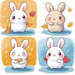 Fototapeta premium Four pastel panels feature cute bunnies with autumn leaves, blue puddles, and soft rain, each smiling with rosy cheeks in a whimsical scene.
