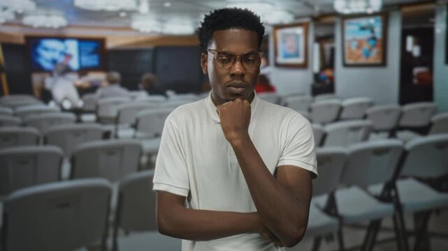 Man wearing glasses with hand on chin gesture amid chairs in building art gallery; introspection calm.