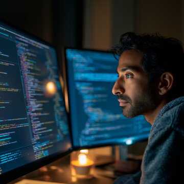 Focused South Asian Male Software Developer Working on Coding Projects in Dimly Lit Office