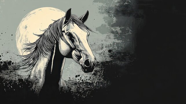 Majestic horse head with flowing mane beneath a full moon, dramatic monochrome grunge splatter background conveying mystery and power