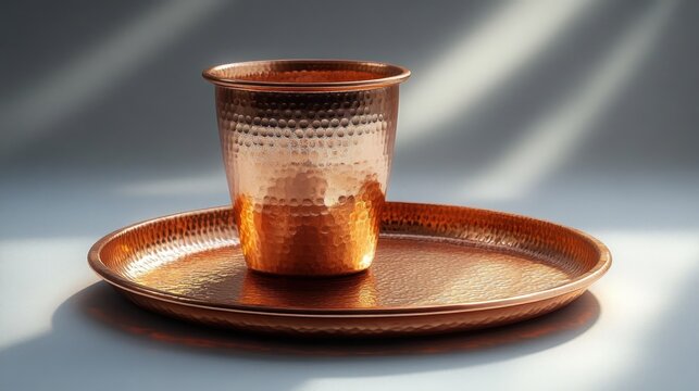 a hammered copper cup sits on a matching copper plate, warm light and soft diagonal shadows create a calm metallic still life