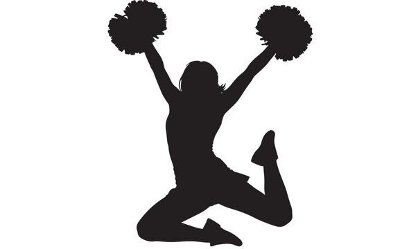 Cheerleader jumping with pom poms in dynamic energetic black silhouette on for sports Transparent Background